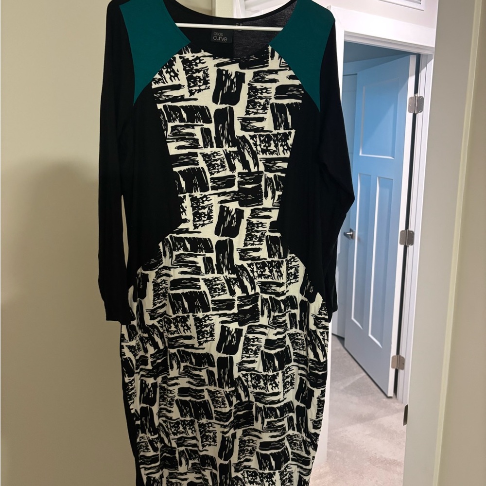 ASOS Black and White Graphic Dress with Teal Details